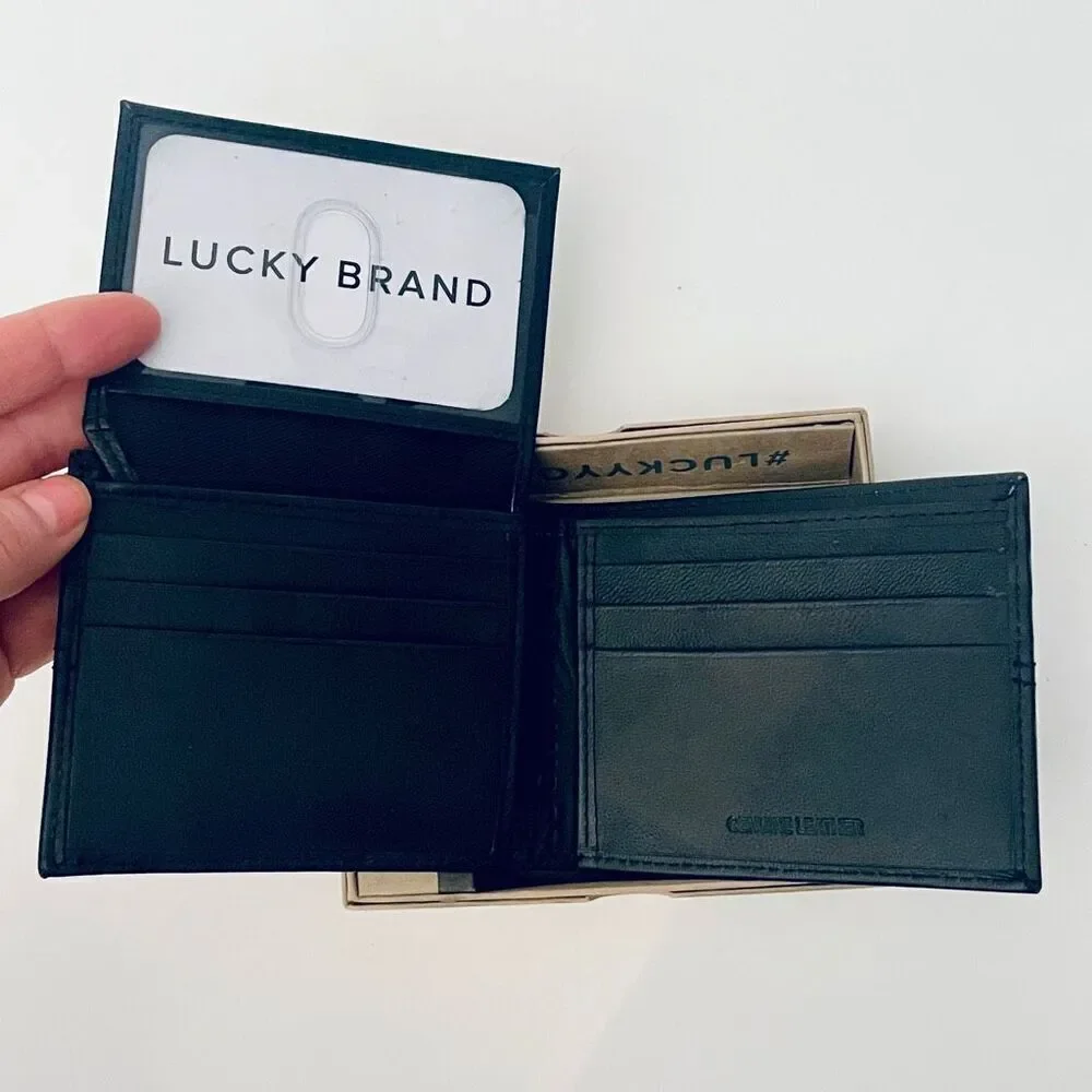 NWT Gorgeous lucky brand Men black bifold genuine leather RFID Wallet w/Gift Box